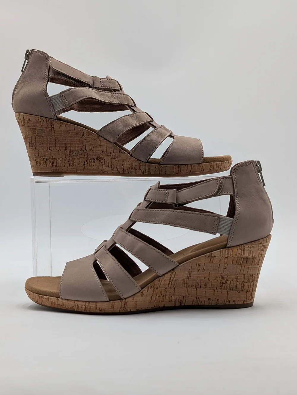 Rockport Briah Gladiator Sz 10 truTECH Taupe Strappy Cork Wedge Sandals Back Zip
